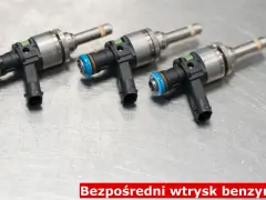 Trzy wtryskiwacze do silnika GDI. To kluczowe elementy układu wtrysku bezpośredniego benzyny, zapewniające precyzyjne dawkowanie paliwa.