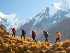 A group of five people trekking up a grassy slope towards majestic snow-capped mountains. This is a true adventure, a step beyond simple hiking.