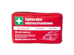 Czerwona apteczka samochodowa z białym krzyżem i napisem "Apteczka samochodowa".