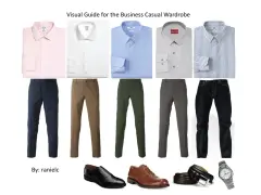Guía visual de vestimenta business casual: camisas, pantalones de vestir, jeans, zapatos y accesorios.