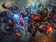 Grupa bohaterów League of Legends, w tym Ahri, Darius i robot, na tle bitewnym.