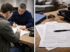 Policjant w mundurze spisuje protokół policyjny z mężczyzną. Na stole leżą dokumenty i długopis.