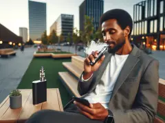 Hombre con traje vapea tranquilamente en un entorno urbano moderno, disfrutando de su mod vape.