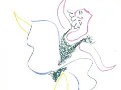 Dessin abstrait aux couleurs vives. Une ligne bleue esquisse une forme, tandis que des formations vertes et roses créent un mouvement dynamique.