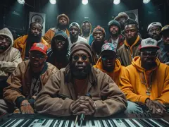 Un groupe d'hommes, représentant les différents styles de rap français, pose dans un studio d'enregistrement.