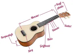 Eine kleine Gitarre, eine Ukulele, mit Beschriftungen für Mensur, Hals, Griffbrett, Steg, Korpus, Kopfplatte und Sattel.