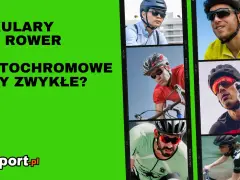 Kolaż zdjęć kolarzy w okularach rowerowych, z tekstem "Okulary na rower fotochromowe czy zwykłe?".