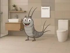 Wesołe rybiki w łazience, obok toalety i umywalki. Kalendarz na ścianie sugeruje, że to ich ulubione miejsce.