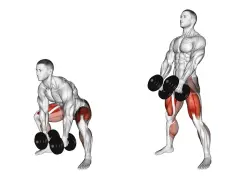 Homme faisant un soulevé de terre roumain avec haltères, ciblant le muscler interieur cuisse.