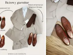 Beżowy garnitur i propozycje brązowych butów: Monki, Loafersy i Brogsy. Idealne buty do beżowego garnituru.