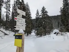 Znak szlaku turystycznego w zimowej scenerii. Wskazuje drogę do Toporowej Cyrhli, Hali Gąsienicowej i Brzezin. Szlak w dolinie suchej wody czeka na turystów.