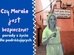 Uśmiechnięta kobieta z tatuażem henny na ręce pozuje na tle uliczki w Maroku. Tekst pyta: "Czy Maroko jest bezpieczne?".