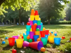 Färgglada plastmuggar och bollar ligger utspridda på en gräsmatta, redo för roliga 5 kamp lekar i parken.