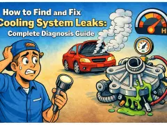A distressed mechanic holds a flashlight, facing a steaming red car and a leaking coolant pump. The image illustrates how to find and fix cooling system leaks.