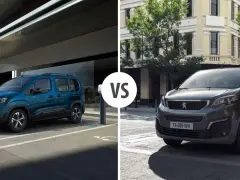 Dwa vany Peugeot: niebieski Rifter i szary Traveller, porównanie modeli.