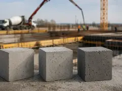 Trzy betonowe kostki, symbolizujące beton C30/37 proporcje, na tle budowy z betoniarką i dźwigiem.