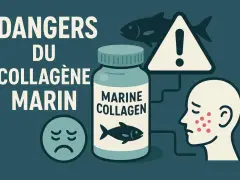Illustration des dangers du collagène marin : une bouteille, un visage avec des boutons, un panneau d'avertissement et un poisson.