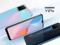 Dwa eleganckie telefony vivo y21s w kolorach błękitnym i granatowym, prezentujące swoje aparaty i ekrany.