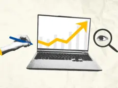 Rysunek przedstawia laptop z wykresem wzrostu, rękę piszącą długopisem i lupę z okiem. To symbol analizy danych i śledzenia postępów, jak w przypadku rafako kurs.