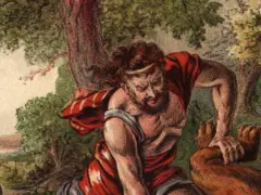Samson, biblijny siłacz, walczy z lwem w lesie. W tle widać ludzi i krajobraz.