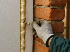 Ręka w rękawicy aplikuje piankę montażową, uszczelniając szczelinę między styropianem a ceglanym murem.
