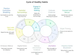 A cycle of healthy habits diagram shows how to be at peace through practices like mindful breathing, gratitude, and digital detox.