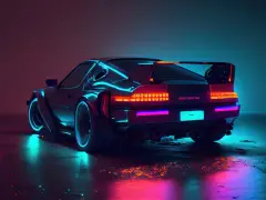 Neonowe, tanie sportowe auta w stylu retrofuturystycznym, odbijające się w mokrej nawierzchni.