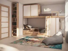 Letto a soppalco fai da te con armadio integrato, libreria e un accogliente sacco a pelo.