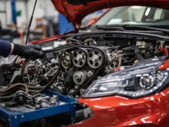 Mechanik w czarnych rękawiczkach dokonuje wymiany łańcucha rozrządu w czerwonym samochodzie.