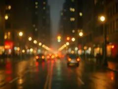 Luci sfocate di una strada cittadina di notte, con riflessi sull'asfalto bagnato, che ricordano l'effetto dell'astigmatismo.