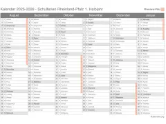 Kalender 2025-2026 mit Namen und Monaten, Rheinland-Pfalz.