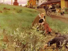 En kvinna sitter i gräset, en man ligger orörlig framför henne. Scenen påminner om hur Zorn ofta målade livet på landsbygden.