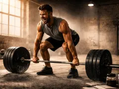 Man med en imponerande crossfit kropp lyfter tung skivstång i ett dammigt gym.