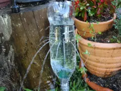 Ingegnosa irrigazione a goccia senza corrente con bottiglie di plastica, che forniscono acqua alle piante in vaso.