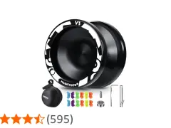 Svart yoyo med vita mönster, tillbehör och färgglada snören. Perfekt för alla yoyo-entusiaster.