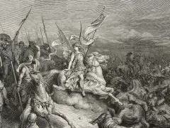 A winged figure on horseback, possibly representing the angel of death in the Bible, leads a chaotic battle with fallen soldiers.