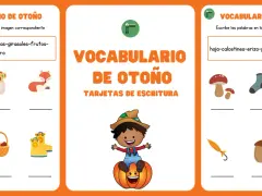 Tarjetas de escritura para aprender vocabulario de otoño: almendras, cesta, botas, girasoles, frutos, zorro, hoja, calcetines, erizo, paraguas, setas, bellota.