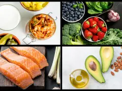 En bild med livsmedel som kan ingå i en antiinflammatorisk kost: lax, bär, grönsaker, avokado, olivolja och fermenterad mat.