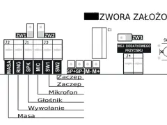 Schemat połączeń domofonu Cyfral Smart 5P z opisem zacisków i zworkami.