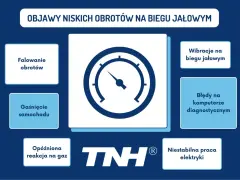 Objawy niskich obrotów: falowanie obrotów, gaśnięcie, opóźniona reakcja na gaz, wibracje, błędy diagnostyczne, niestabilna praca elektryki.