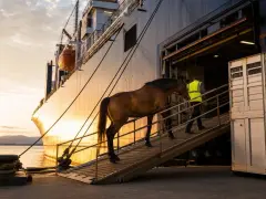 Un cheval brun monte une rampe vers un navire, guidé par un homme en gilet jaune. Le transport de chevaux se fait au coucher du soleil.