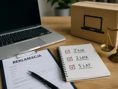 Na biurku leży dokument reklamacji, laptop, pudełko z symbolem komputera i waga szalkowa. Notatnik pokazuje zaznaczone terminy: 7 lat, 2 lata, 5 lat. Brak odpowiedzi na reklamację.
