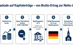 Grafik zeigt die Steuerkaskade: Kapitalertrag (brutto) wird um Sparerpauschbetrag, Abgeltungsteuer, Soli und Kirchensteuer reduziert zur Netto-Auszahlung.