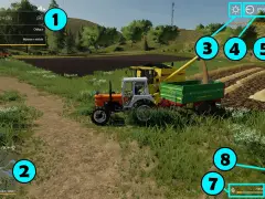 Symulacja rolnictwa: traktor z przyczepą i kombajn na polu, z interfejsem gry.