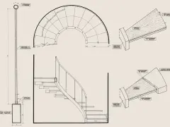 Disegno tecnico di una scala a chiocciola con dettagli su materiali e struttura, utile per la normativa scale interne uso privato.
