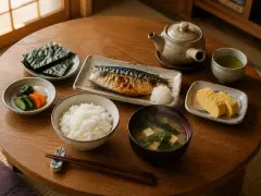 Tradycyjne japońskie potrawy: grillowana makrela, ryż, zupa miso, tamagoyaki, marynowane warzywa i nori.
