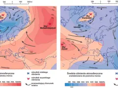 Dwie mapy Europy i Arktyki pokazujące rozkład ciśnienia atmosferycznego. Po lewej wyż wschodni azjatycki, po prawej wyż azorski, oba wskazują na wysokie ciśnienie atmosferyczne.