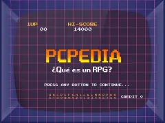 Pantalla de videojuego retro con el título "PCPEDIA" y la pregunta "¿Qué es un RPG?". Muestra puntuación, vidas y créditos.