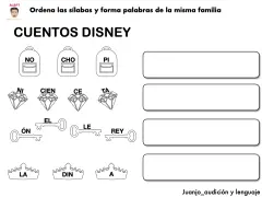 Actividad para desarrollar la conciencia léxica: ordena sílabas (mochilas, diamantes, llaves, coronas) para formar palabras de la familia Disney.