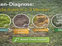 Rasen-Diagnose: Moos, verdichteter Boden, Hundeurin und Pilz sind Ursachen für dickes Gras im Rasen.